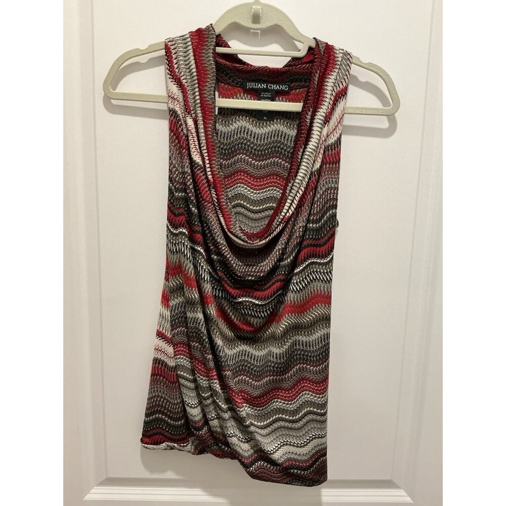 Julian Chang Top XL Women’s Sleeveless Red Gray Black Drape Neck Line